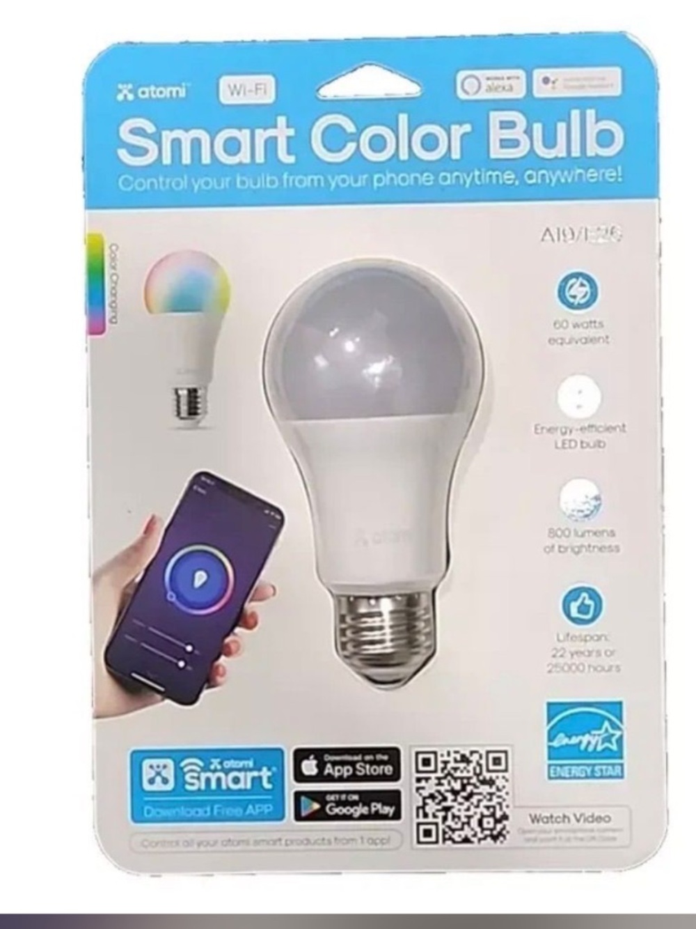 ATOMI Smart WiFi Color LED Bulb Alexa Google Compatible RGB 800 Lumens